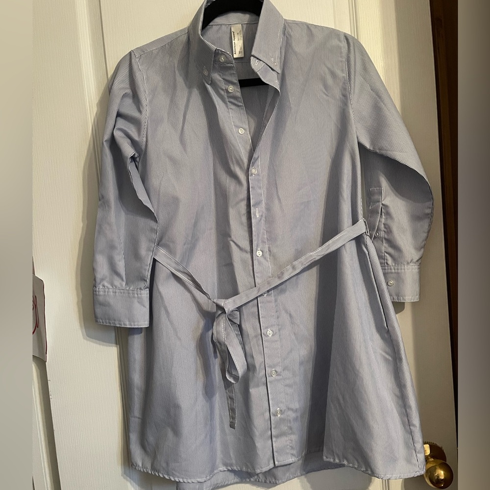 American Apparel Pinstripe, Belted, Long Blouse. XS